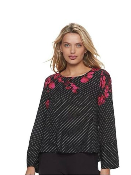 Apt. 9 Tops - APT. 9 Black & White Stripe w/ Pink Floral Accent & Wide Cuffs, Size xxl, NWT